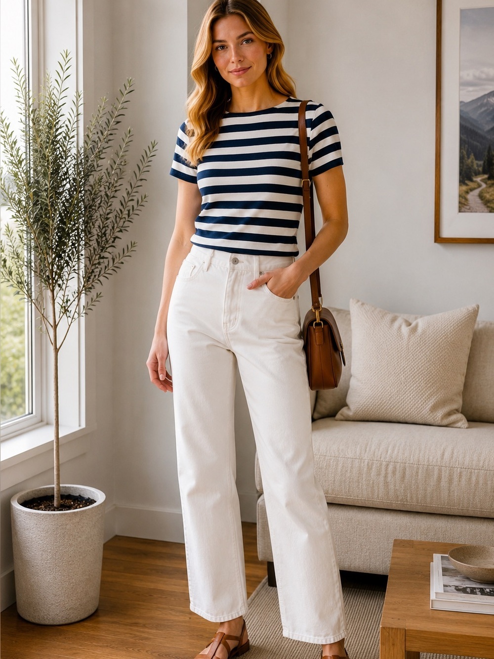 J. Crew Fine-rib fitted boatneck T-shirt in white blue stripe size large
